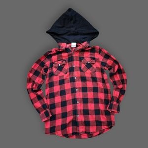 Black/Red Plaid Flannel Hooded Shirt, Youth L